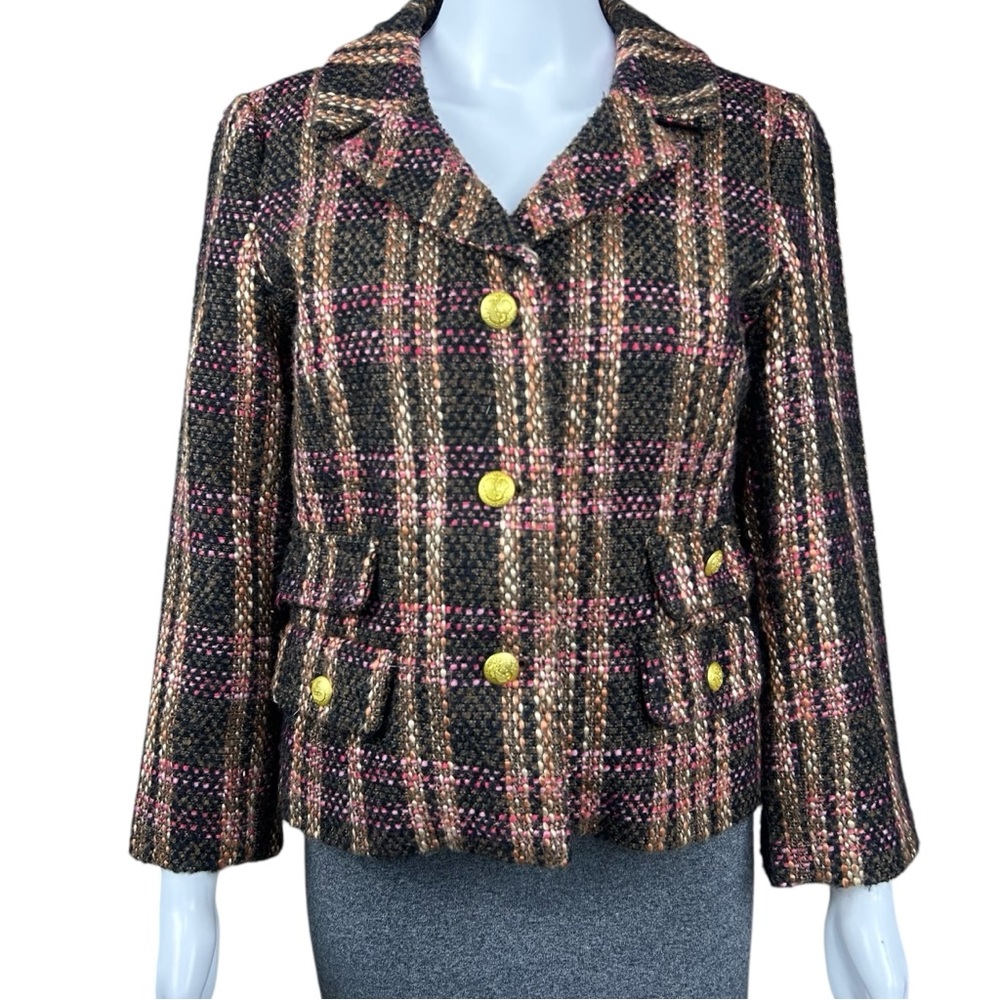 Sandro Plaid Tweed Jacket MEDIUM Gold Buttons Blazer Preppy QuietLuxury Academia